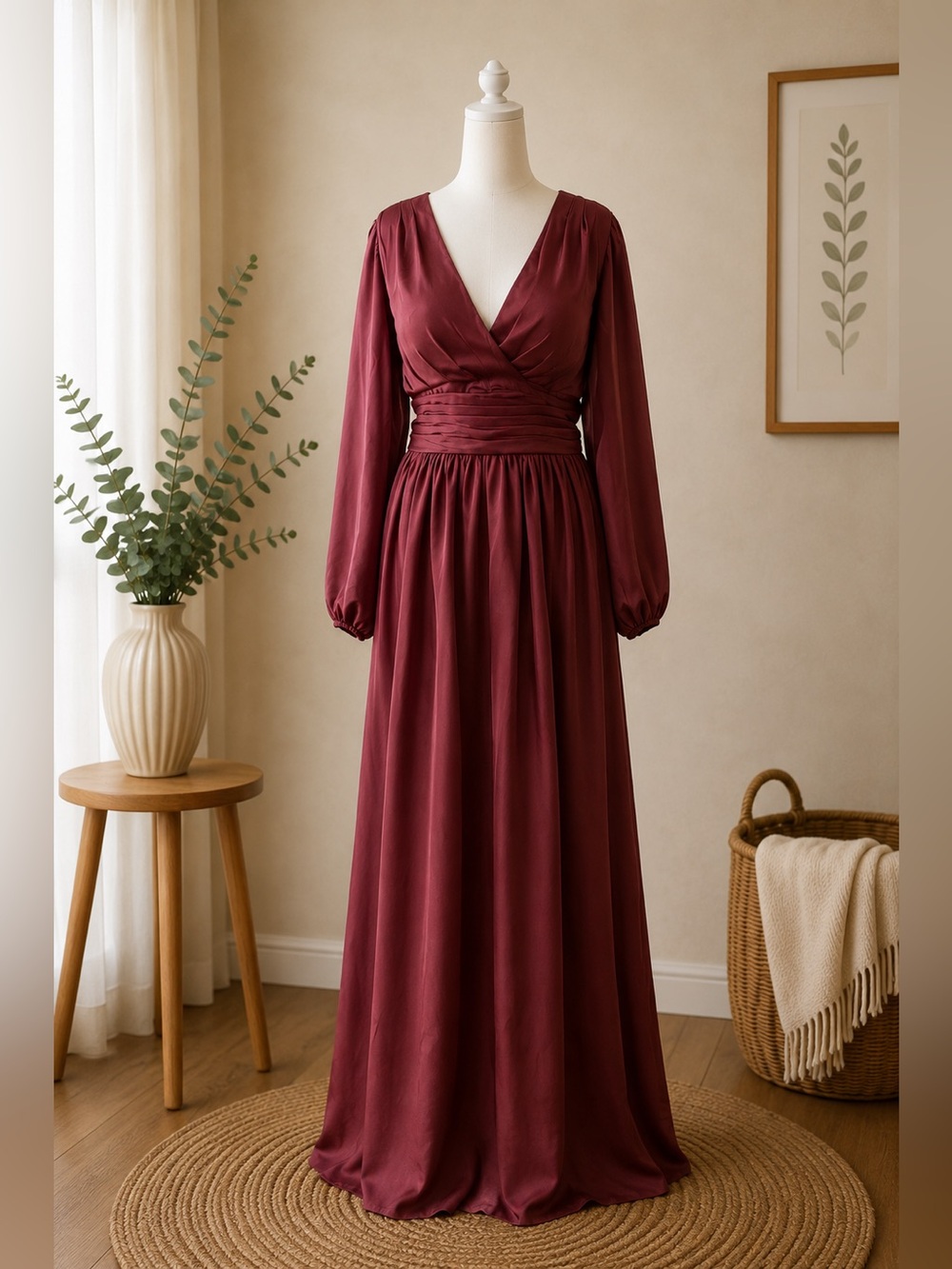 Evening Gown Burgundy Maxi Dress/Gown Long Sleeve V Neck Formal